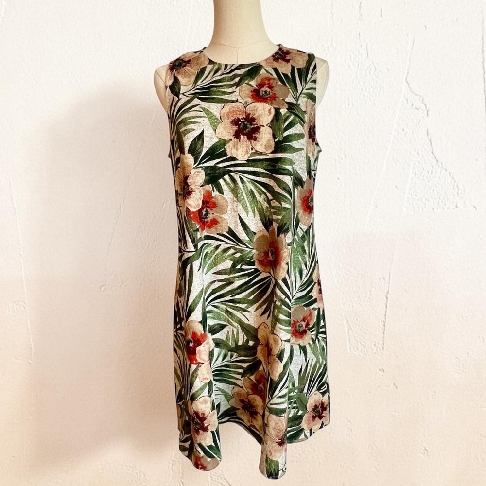 Anne Klein Womens S Linen Blend Tropical Floral Palm Leaf Shift Mini Tank‎ Dress
